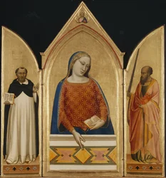 Panna Maria se svatými Tomášem Akvinským a Pavlem, kolem 1335 (tempera a plátkové zlato na desce)